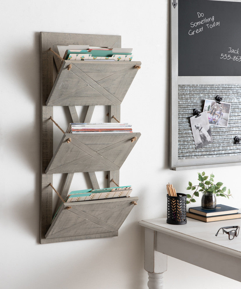 Hardeman 3-Pocket Wood Hanging Wall File Holder, Gray