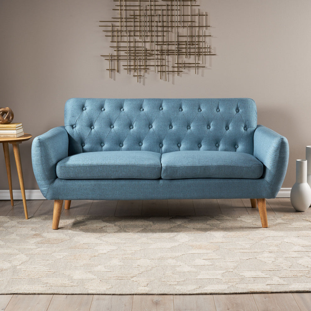 GDF Studio Eunice Petite Mid Century Modern Tufted Fabric Sofa, Blue