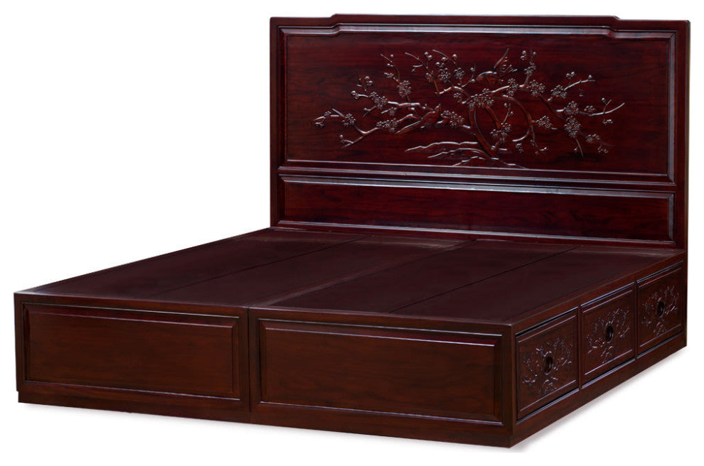Dark Cherry Elmwood Flower and Bird King Size Oriental Platform Bed with Drawers