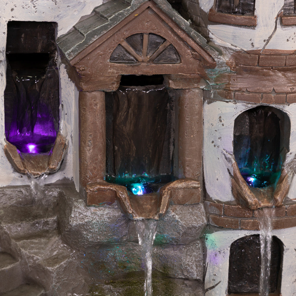 35" Tall Outdoor Tower Castle Fountain with Color Changing LED Lights