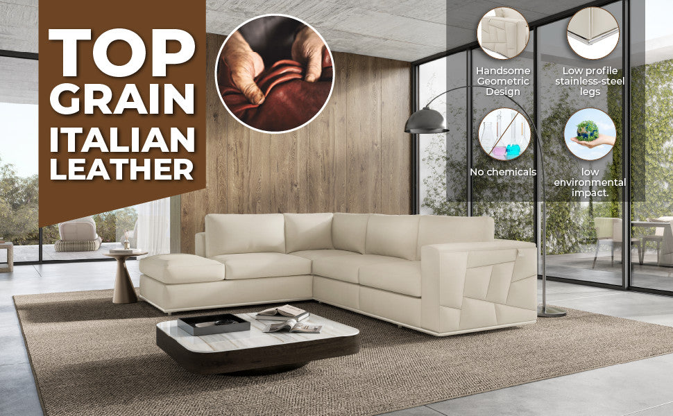 Skylar Genuine Italian Leather Modern Left Arm Facing Chaise Sectional, White