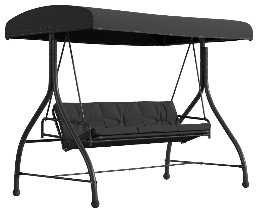 3-Seat Outdoor Steel Converting Patio Swing Canopy Hammock With Cushions, Black