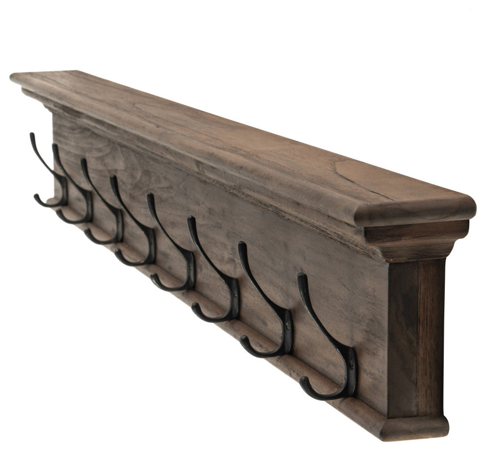 Rustic Dark Wood Eight Hook Hanging Coat Rack