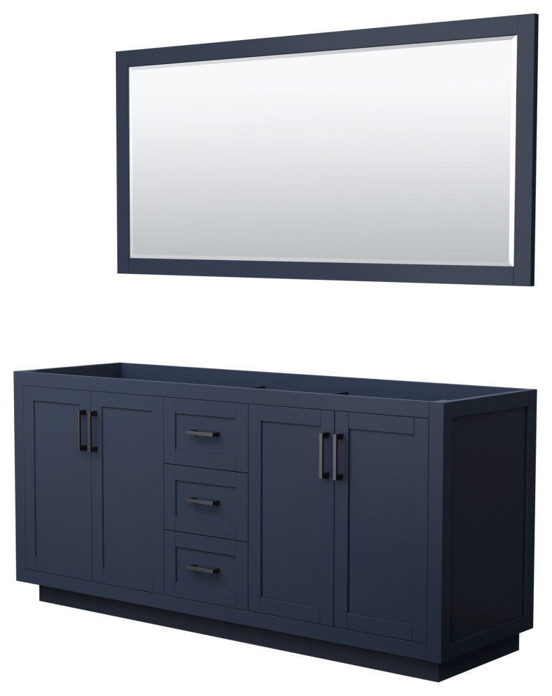 72" Double Bathroom Vanity, Dark Blue, No Countertop, Black Trim, 70" Mirror
