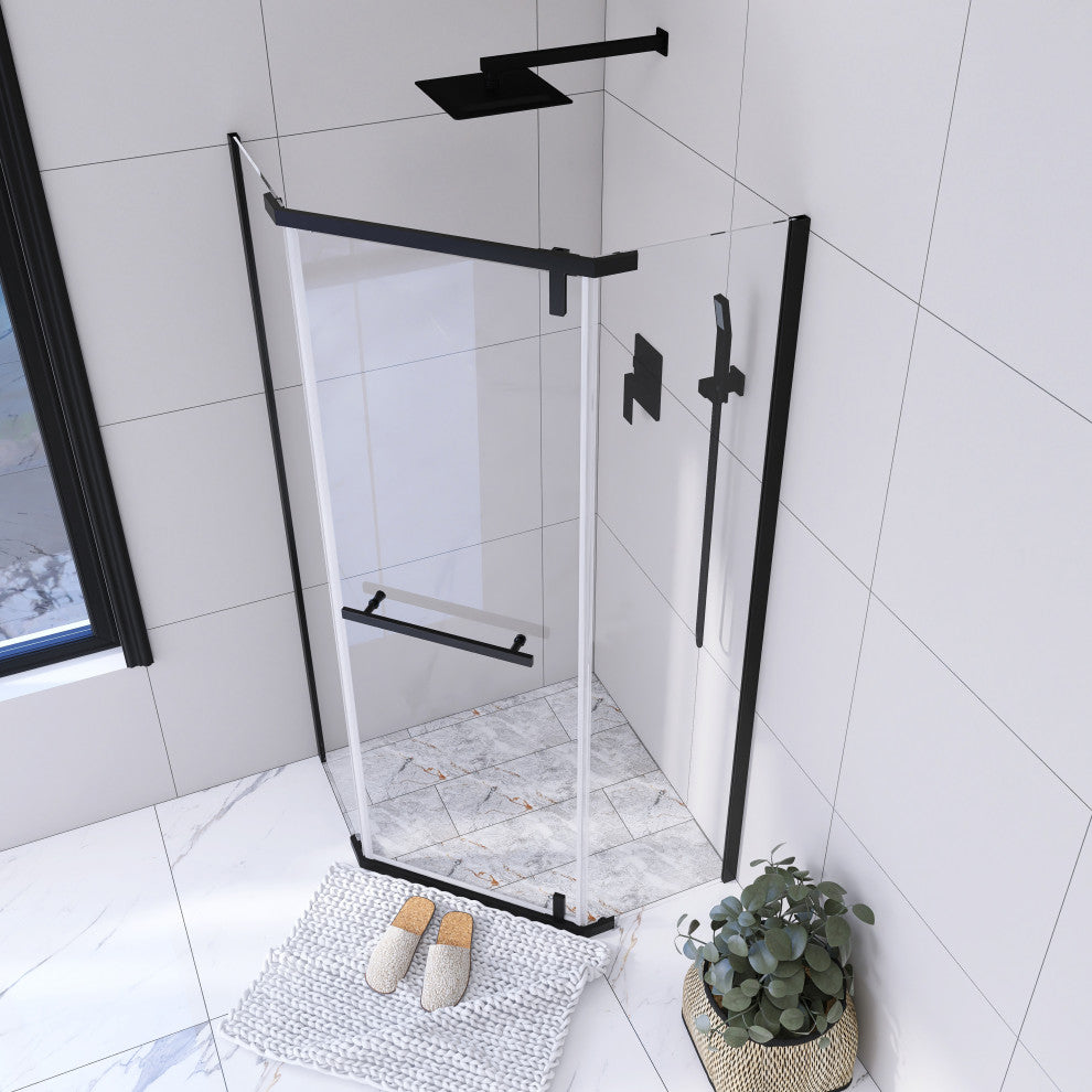 Neo-angle Pivot Semi-Frameless Corner Shower Enclosure, Matte Black