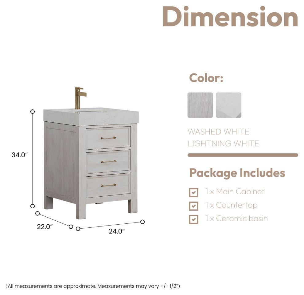 Leon Bath Vanity With Composite Stone Top, Washed White, 24", No Mirror