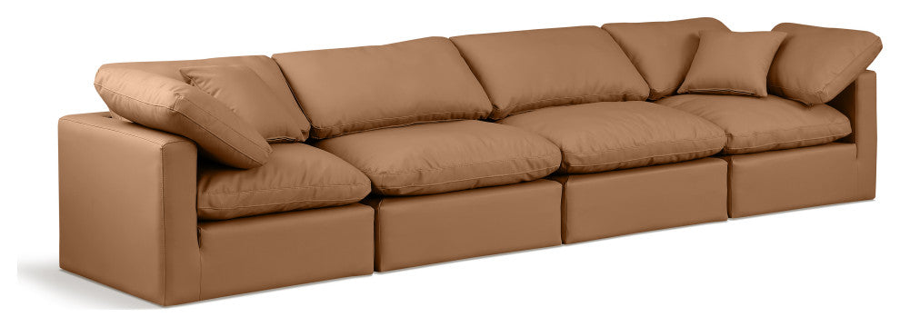 Indulge Upholstered Modular Sofa, Cognac, 4-Piece: 2 Armless Chair, 2 Corner Chair, Fiber Stuffed Vegan Leather