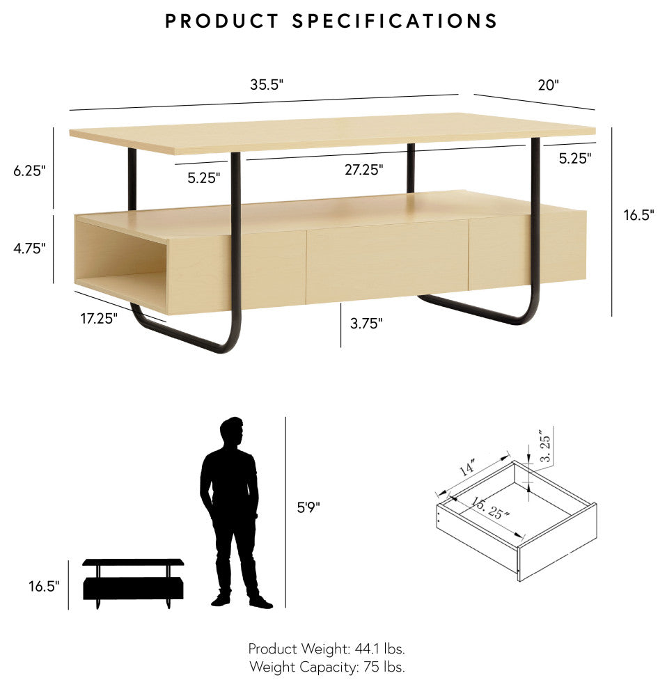 Rivo 33.50" Light Maple Rectangle Coffee Table With Drawer