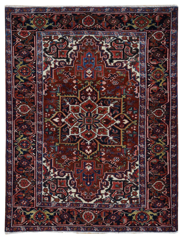Red, Semi Antique Persian Heriz, Hand Knotted, Soft Wool Rug, 4'7"x8'8"