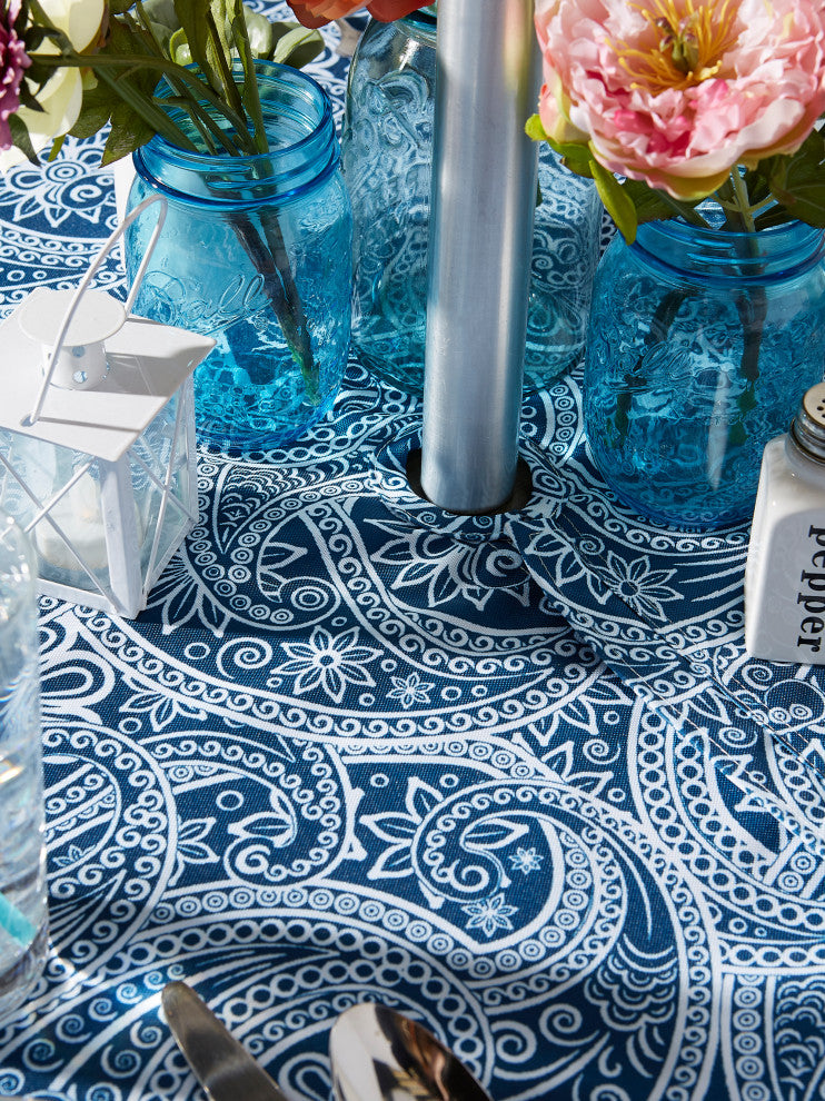 Blue Paisley Print Outdoor Tablecloth With Zipper 60X120