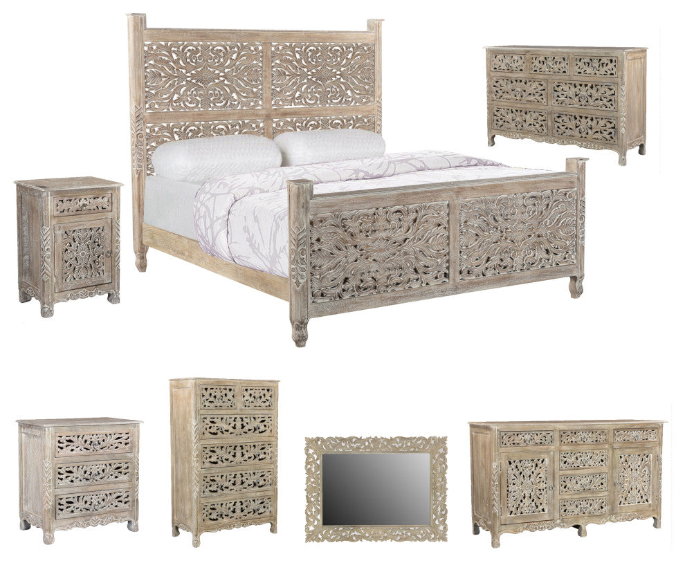 Delaney Floral Carved Bed, Limestone Gray, King
