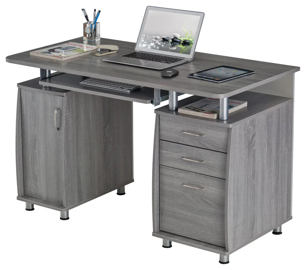 Modern Desk, Floating Top With Keyboard Tray & Plenty Storage Space, Gray