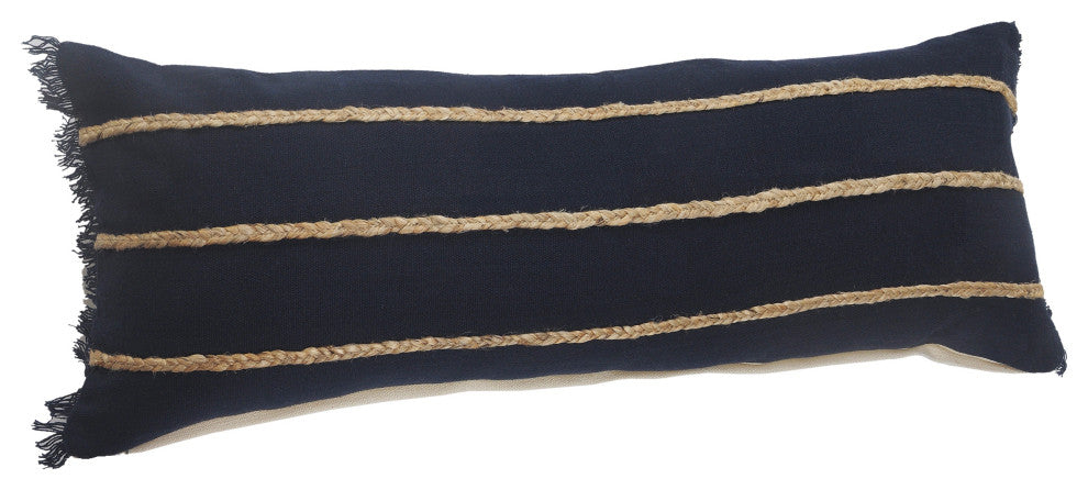 Atlantis Americana Solid Lumbar Pillow with Jute Braiding, Navy/Tan