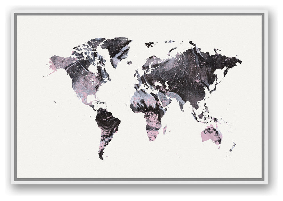Gray World Map 24x36 White Floating Framed Canvas