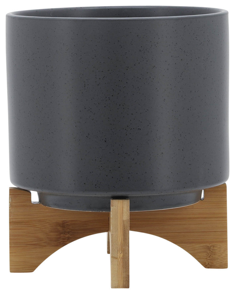 8" Planter With Wood Stand, Matte Gray