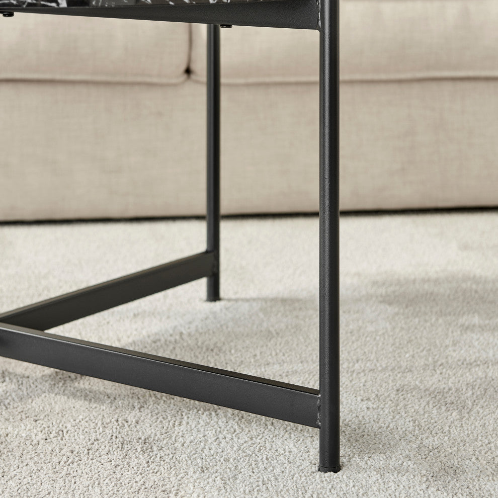Round Contemporary Marble Finish Veneer Top Black Coffee Table, Black/Black