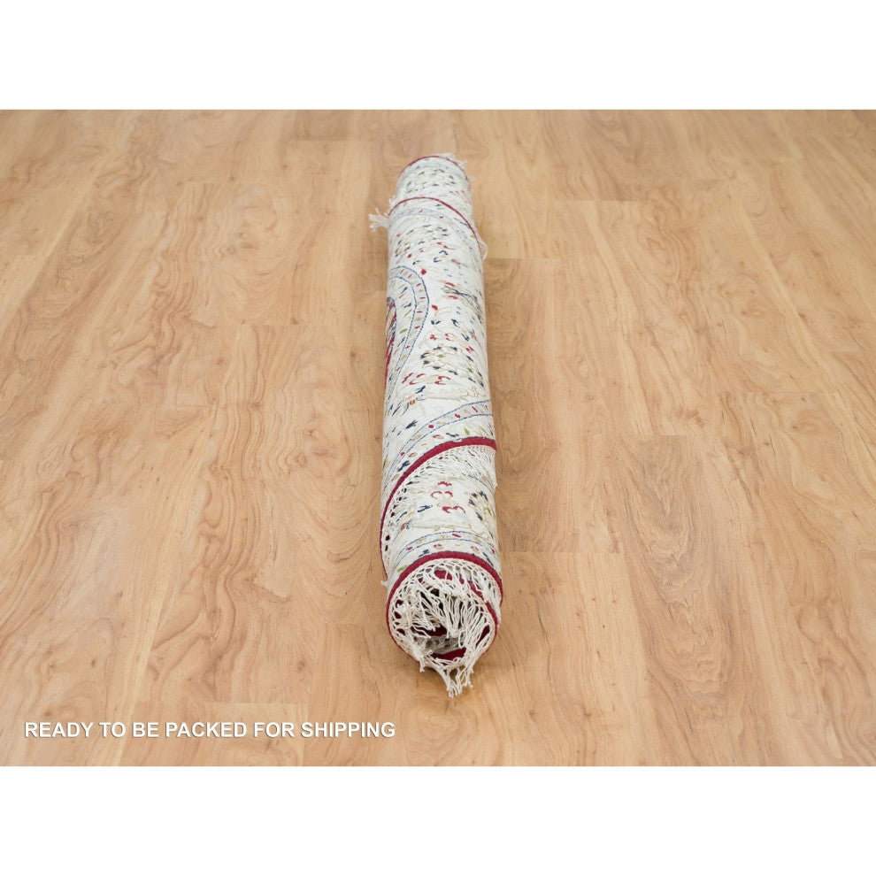 Red, 250 KPSI, Organic Wool, Hand Knotted, Nain Design Round Rug, 6'x6'