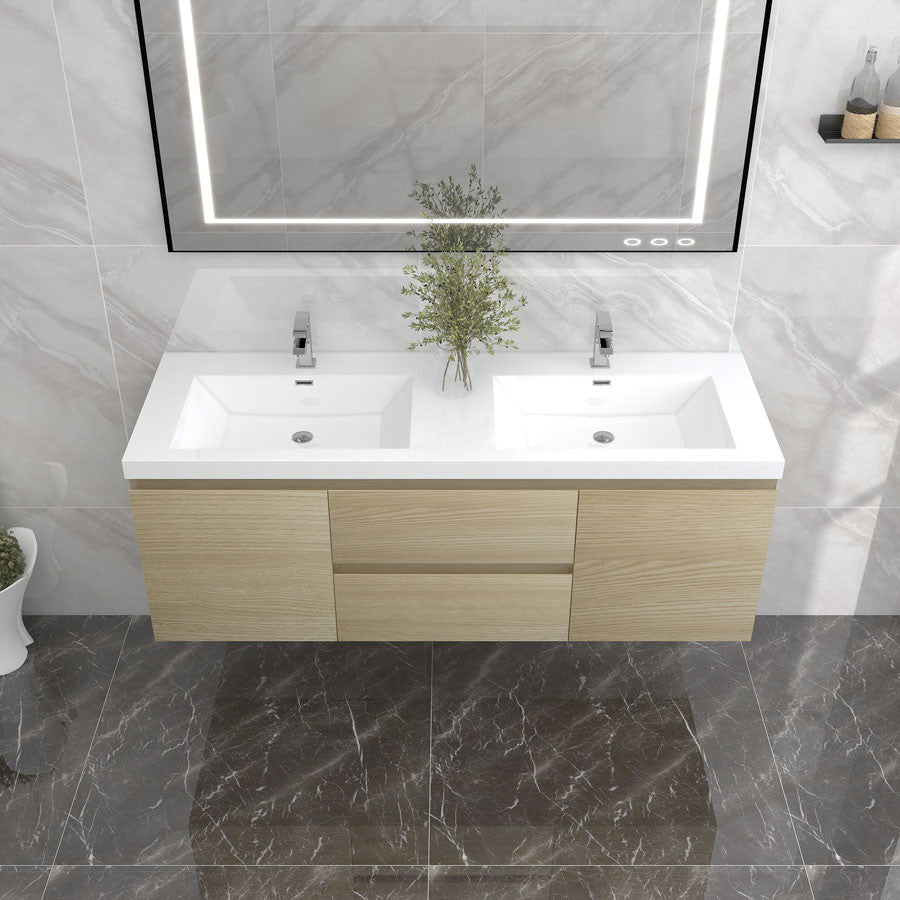 BTO 60" Wall Mounted Bath Vanity With Reinforced Acrylic Sink, Double Sink, White Oak