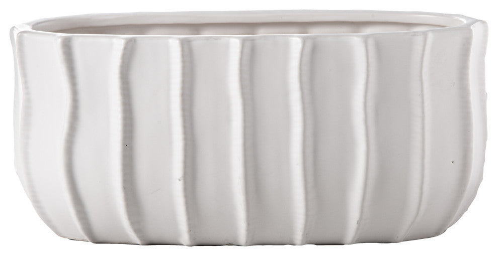 Oval Ceramic Vase with Embossed Line Column Pattern Matte White Finish
