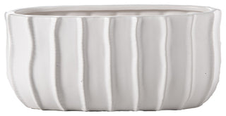 Oval Ceramic Vase with Embossed Line Column Pattern Matte White Finish
