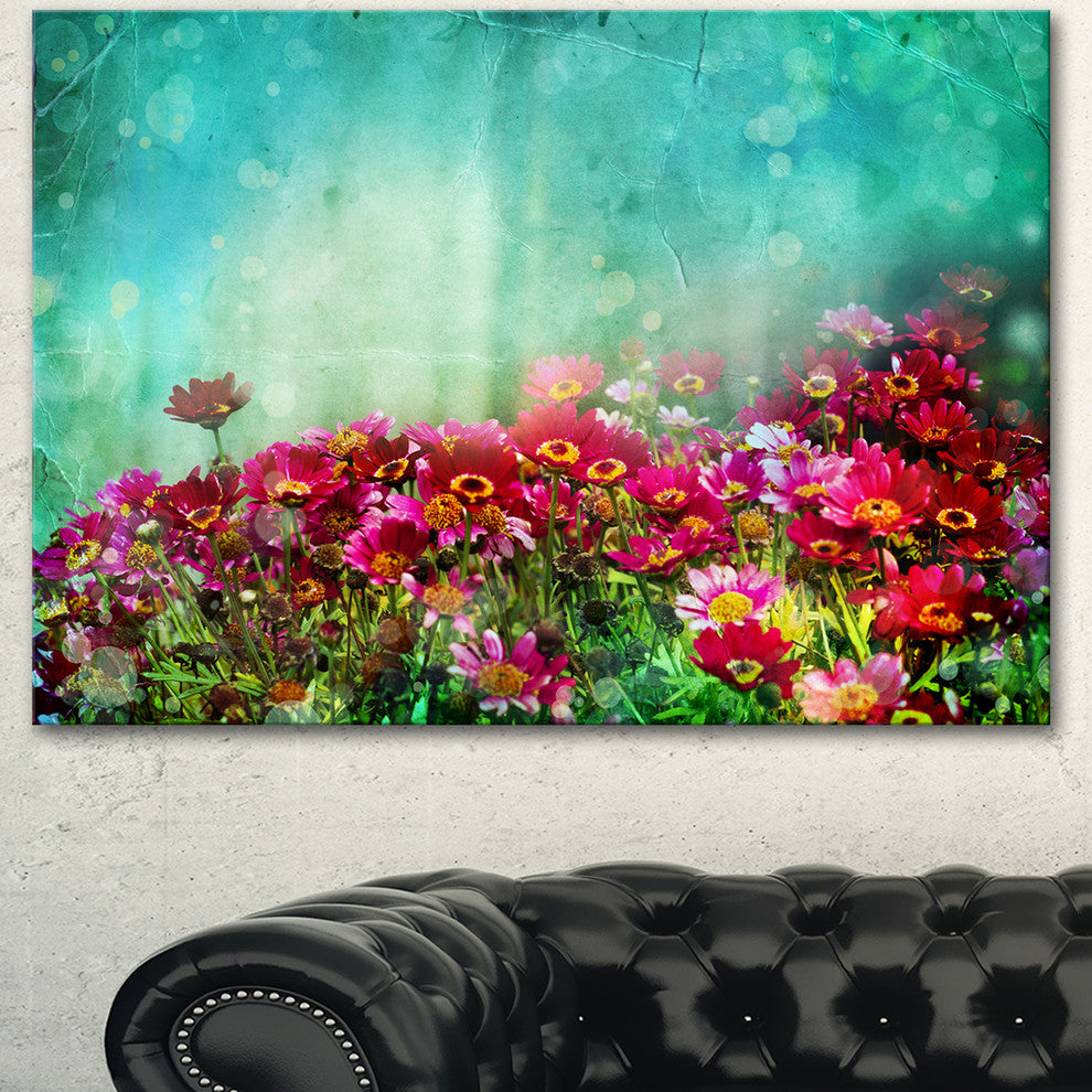 Little Red and Pink Flowers on Blue, Floral Canvas Art Print, 40"x30"