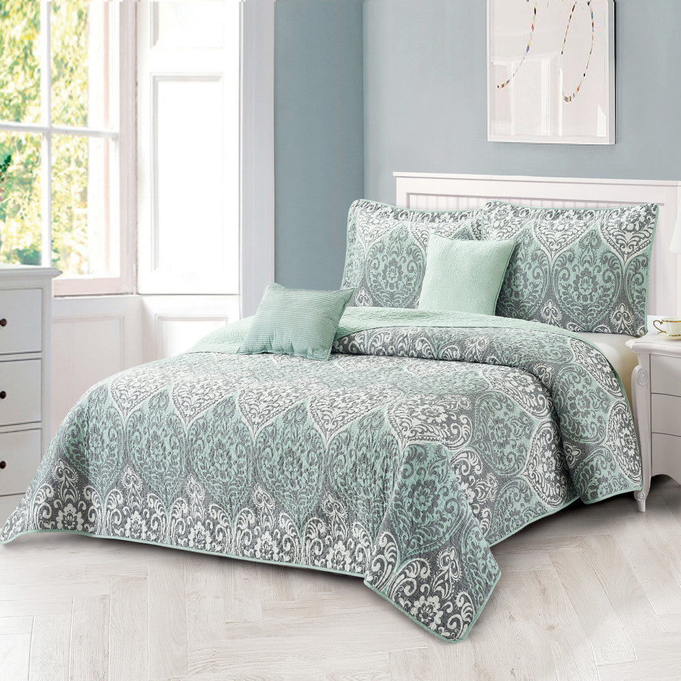 5 Piece Kingston Damask Bedspread, 90" X 90