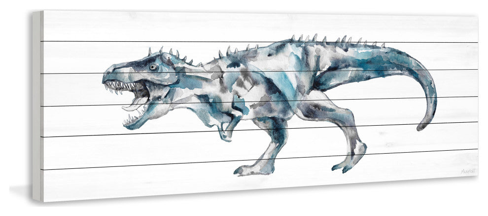 "Fierce Dinosaur" Painting Print on White Wood, 45x15
