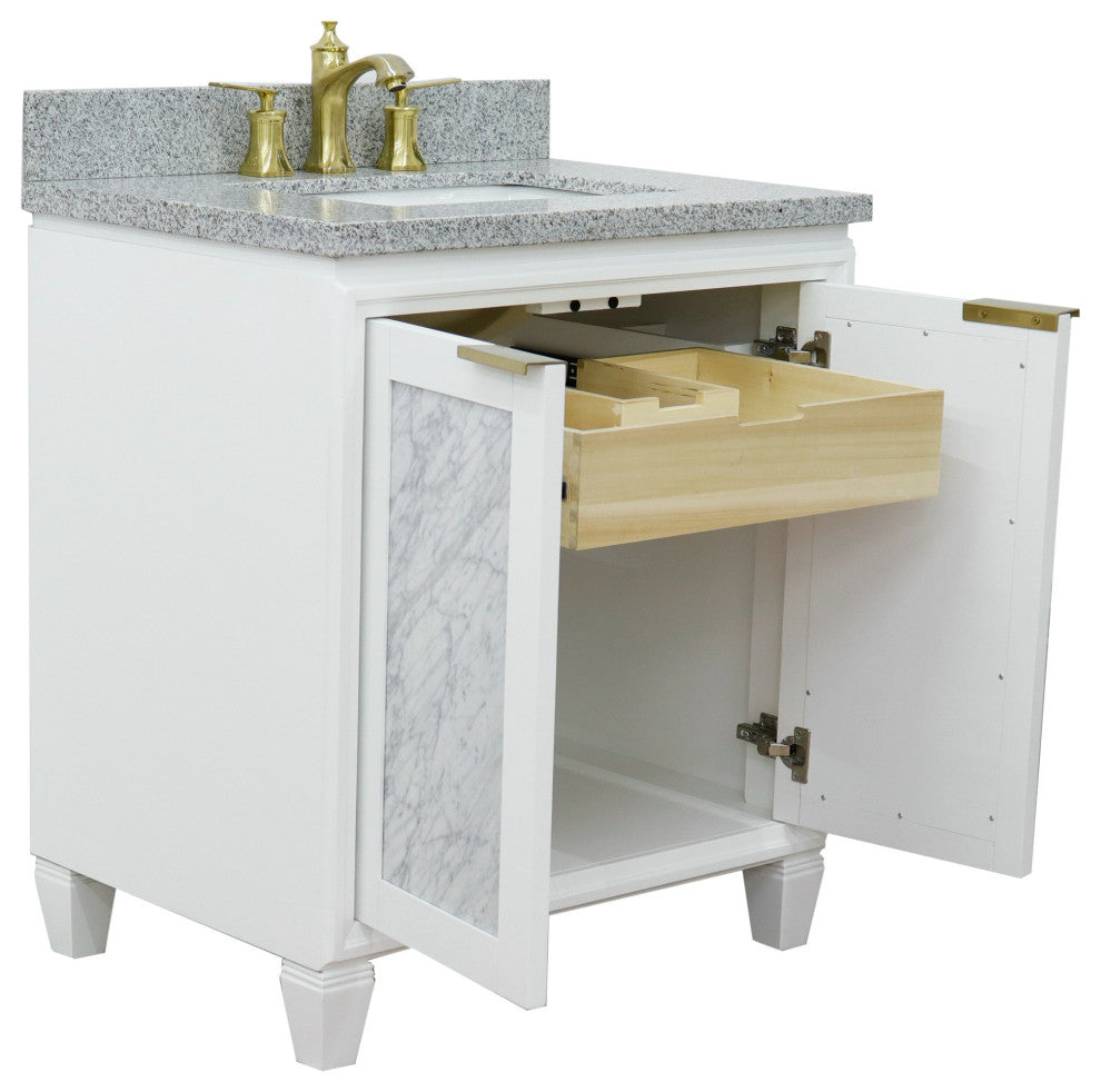 31" Single Sink Vanity, White Finish With Gray Granite With Rectangle Sink
