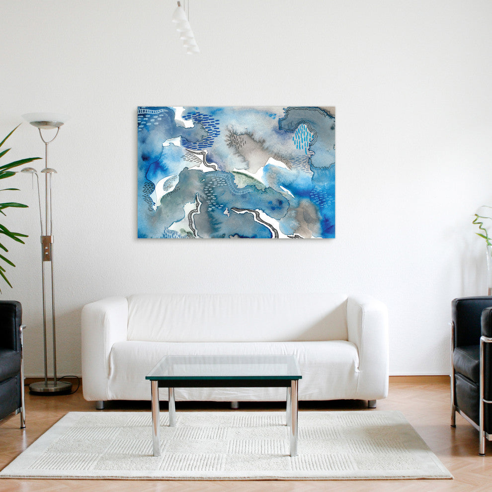 Blue Abstract Wall Art Printed on Frameless Free Floating Tempered Glass Panel