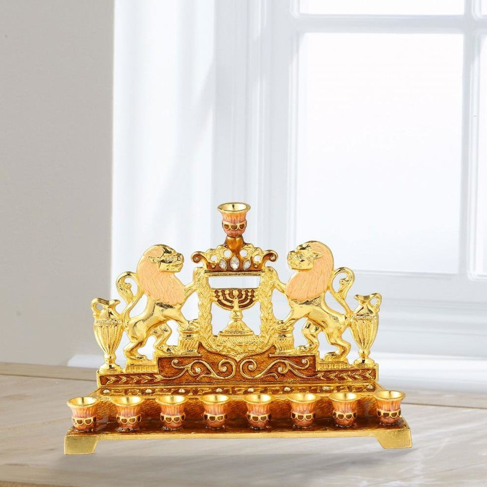 Hand Painted Enamel Menorah Candelabra With Lions and Menorah Design