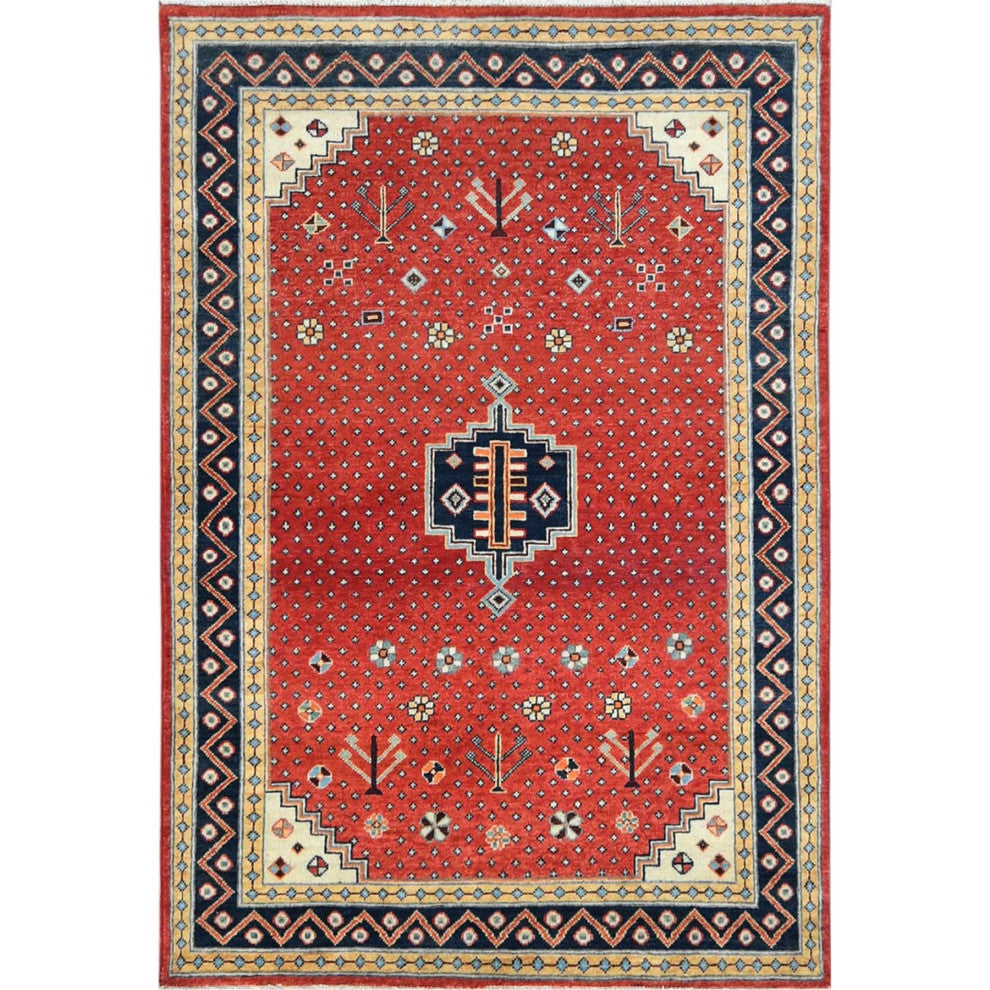 Imperial Red Special Kazak Wool Hand Knotted Runner Oriental Rug, 4'x5'9"