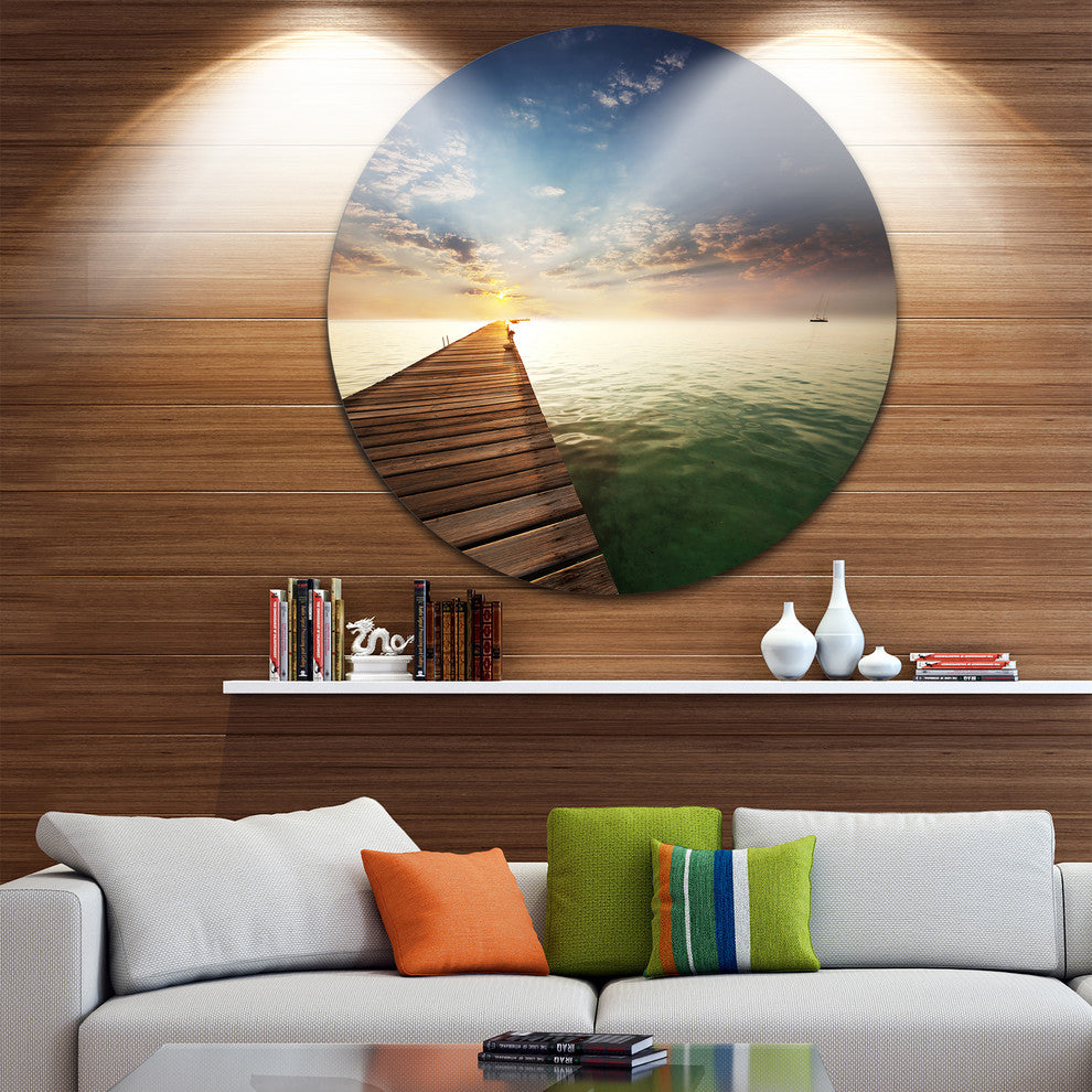 Wooden Boardwalk Into Indefinite Sea, Sea Bridge Disc Metal Art, 11"