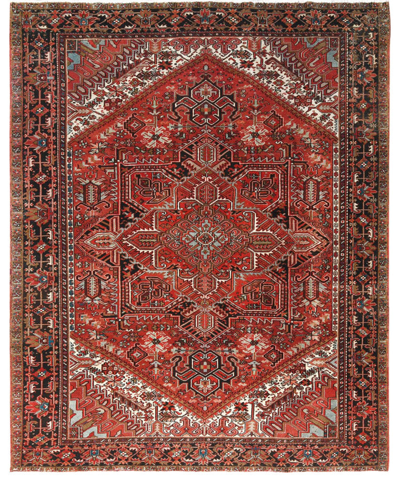 Tomato Red Hand KnottedVintage Persian Heriz Worn Down Oriental Rug 9'9"x12'4"
