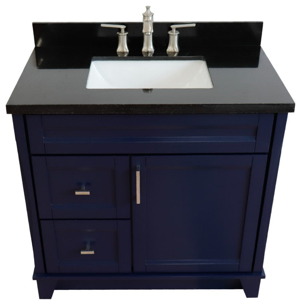 37" Single Sink Vanity, Blue Finish With Black Galaxy Granite
