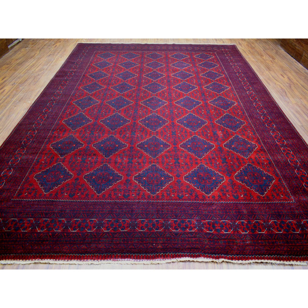 Deep and Saturated Red Soft Wool Hand Knotted Afghan Khamyab Rug, 9'10"x13'0"