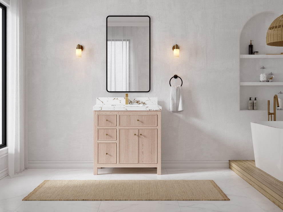 Sonoma Oak 36" Center Sink Bath Vanity With 2" Viola Gold