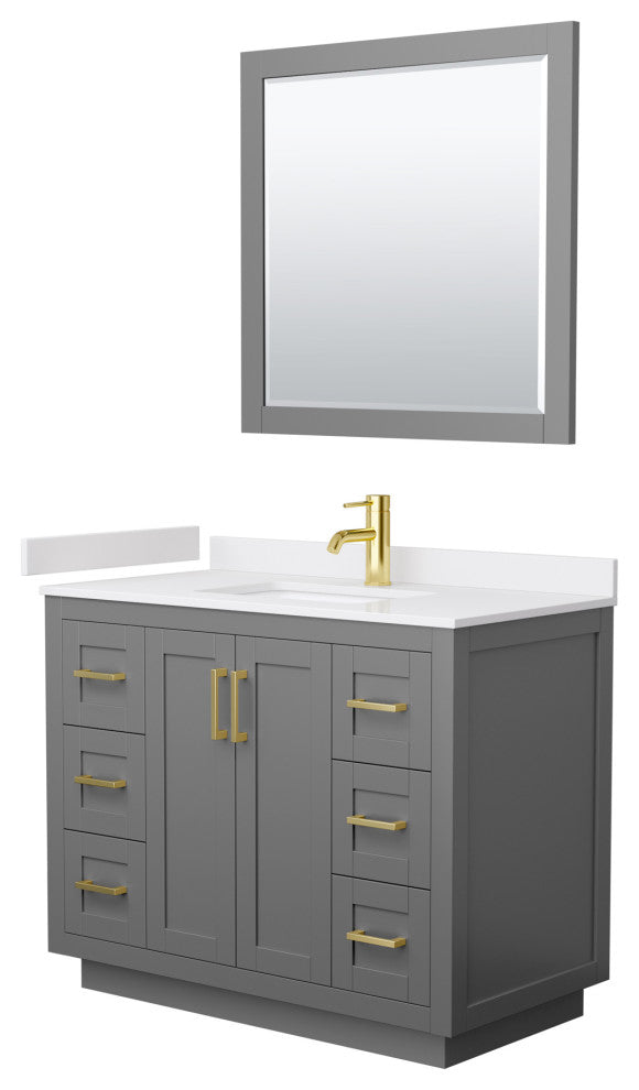 42"SGL Vanity Dark Gray, White Cult. Marble Top, Sink, Gold Trim, 34"Mirror