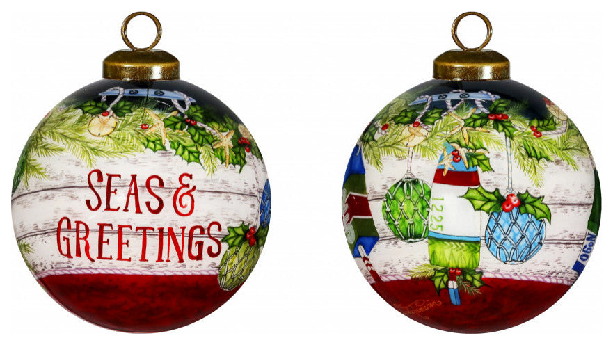 Holly Seas And Greetings Hand Painted Mouth Blown Glass Ornament