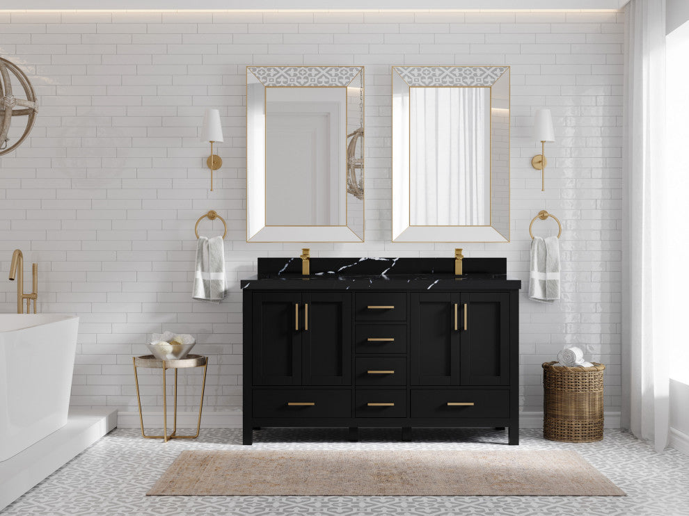 Malibu 60 Double Sink Bathroom Vanity in Black 2" Calacatta Black