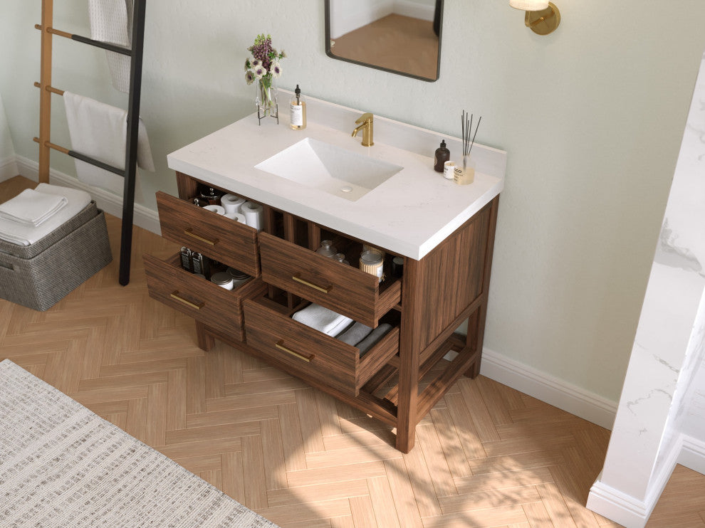 Parker Teak 42" Single Sink Bath Vanity in Dark Walnut 1.5" White Quartz