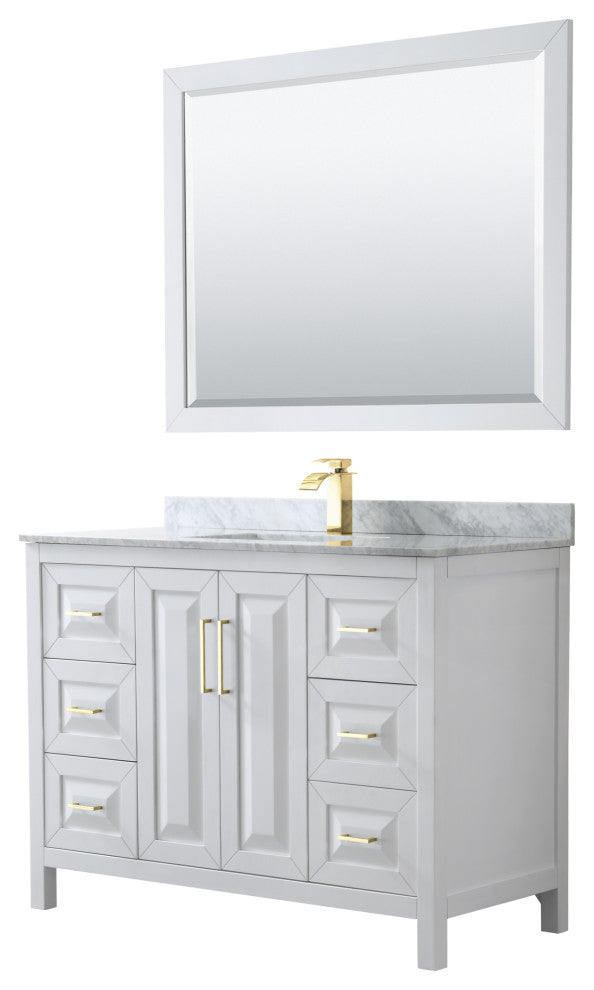 48" Single Bath Vanity, White, Carrara Countertop, Sink, 46" Mirror, Gold Trim