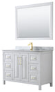 48" Single Bath Vanity, White, Carrara Countertop, Sink, 46" Mirror, Gold Trim
