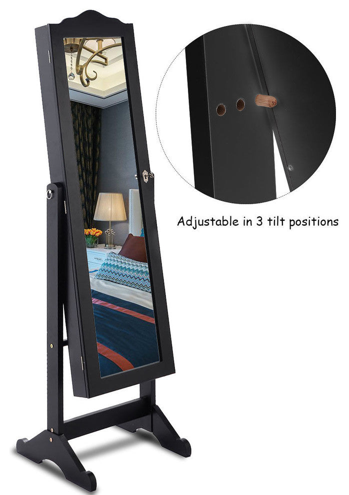 Costway Lockable Mirrored Jewelry Cabinet Mirror Organizer Storage Box w/ Stand
