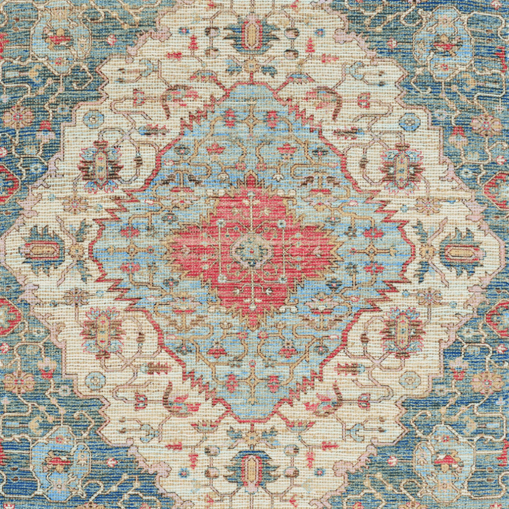5' X 7' Blue and Beige Medallion Hand Woven Distressed Area Rug