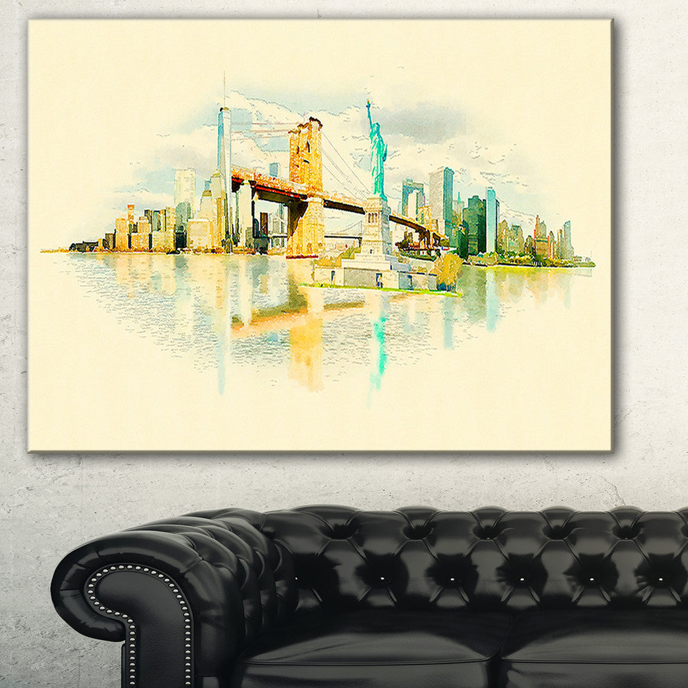 "New York Panoramic View" Cityscape Watercolor Canvas Print, 40"x30"