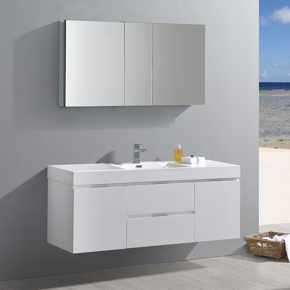 Valencia 60" Glossy White Wall Hung Vanity Set, Cabinet, Faucet FFT1041BN