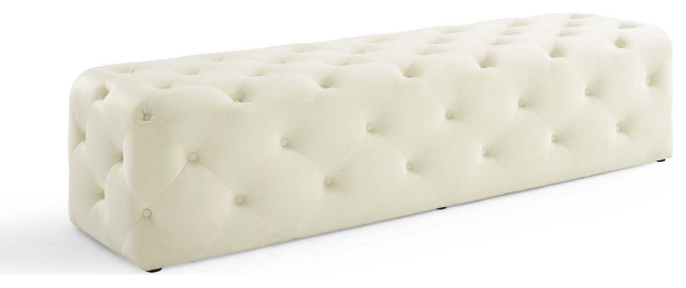 Tufted Accent Chair Bench, Velvet, Ivory White, Modern, Lounge Hospitality