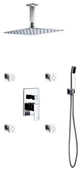 Aqua Piazza Set, 12" Ceiling Square Rain Shower, 4 Body Jets, Handheld, Chrome