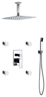Aqua Piazza Set, 12" Ceiling Square Rain Shower, 4 Body Jets, Handheld, Chrome