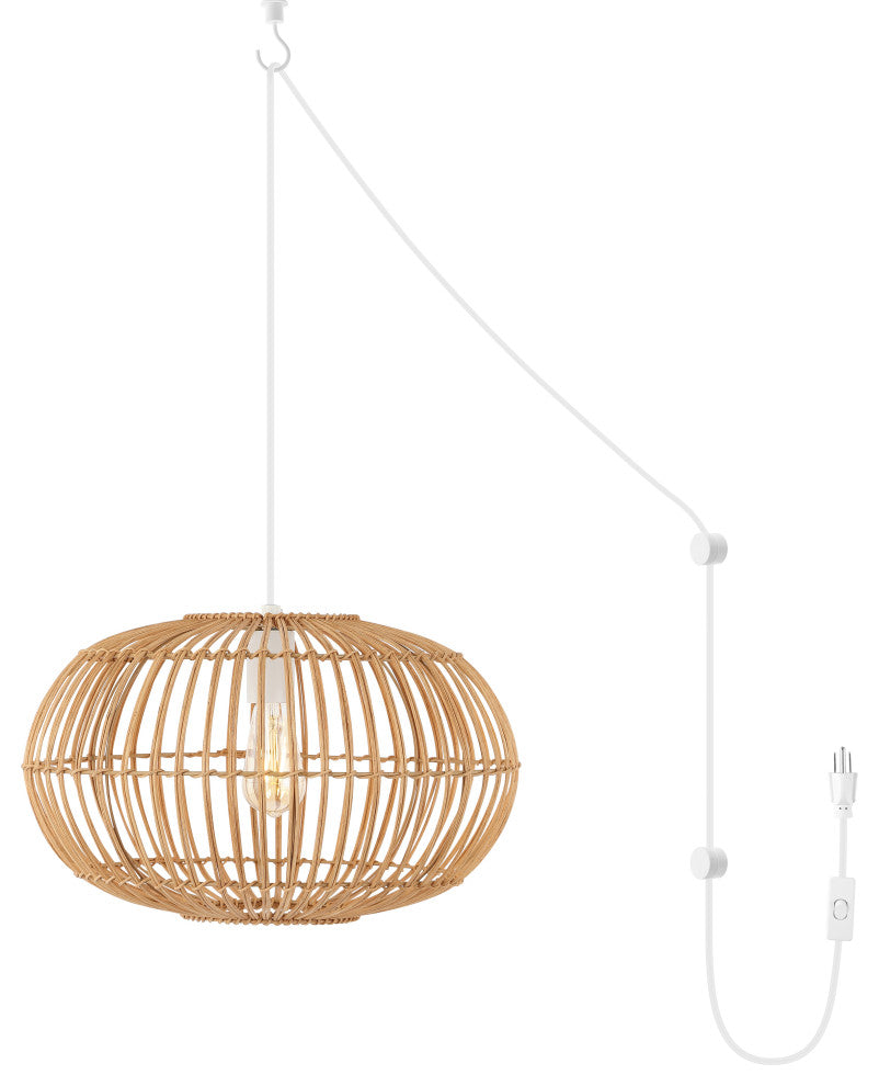 Nova 20.25" 1-Light Rattan 180" Plug-In or Hardwired LED Pendant, Brown, Leo